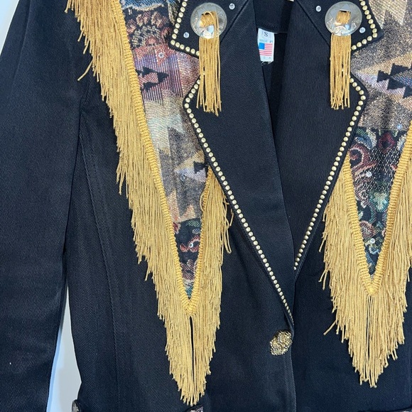 CACHE VINTAGE western Black and Gold Fringed Women's Jacket small - Picture 15 of 16